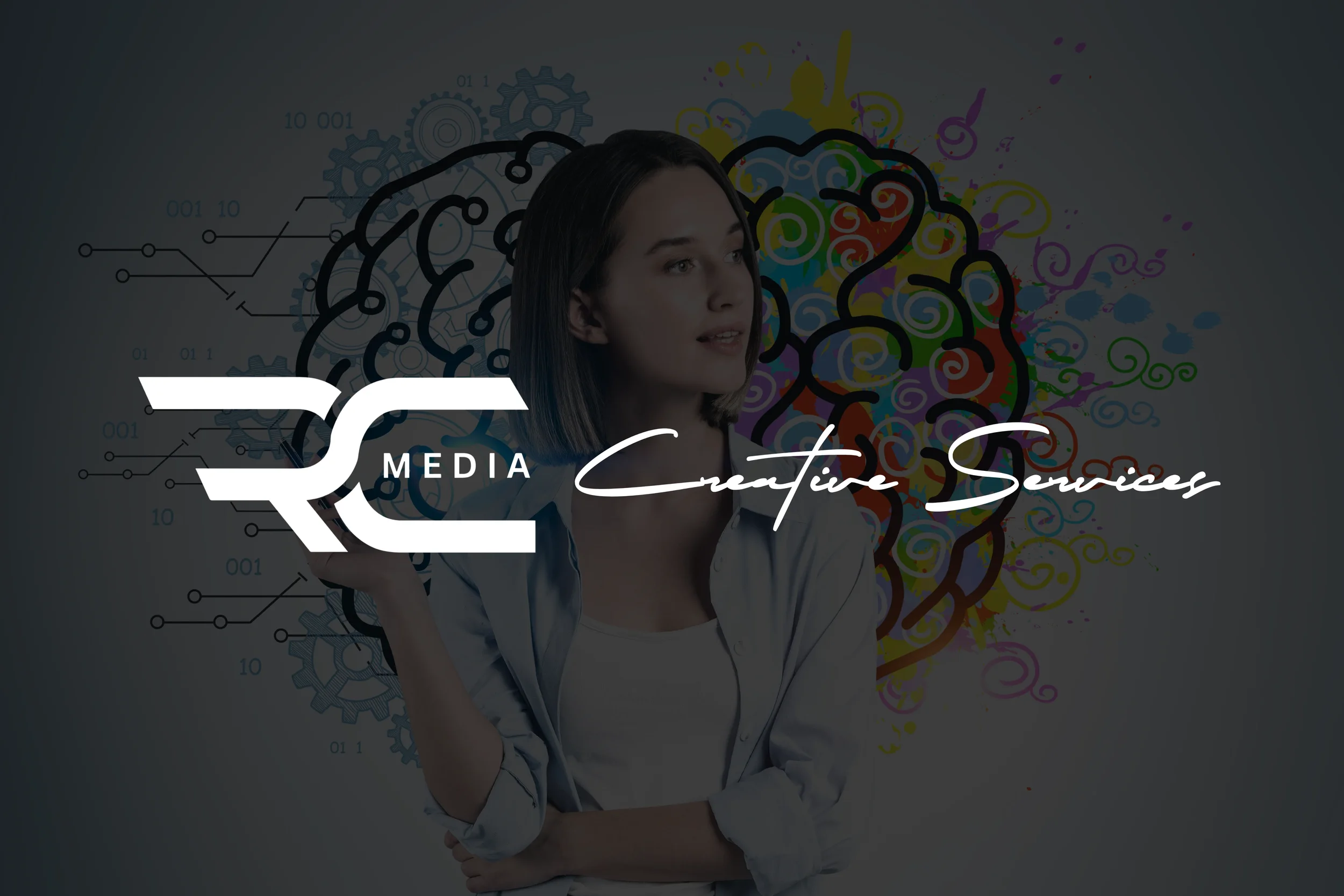 Young woman in casual clothing looking thoughtfully to the side in front of a background with colorful abstract swirls and digital gear illustrations, with a logo overlay that reads 'Media Creative Sources'.