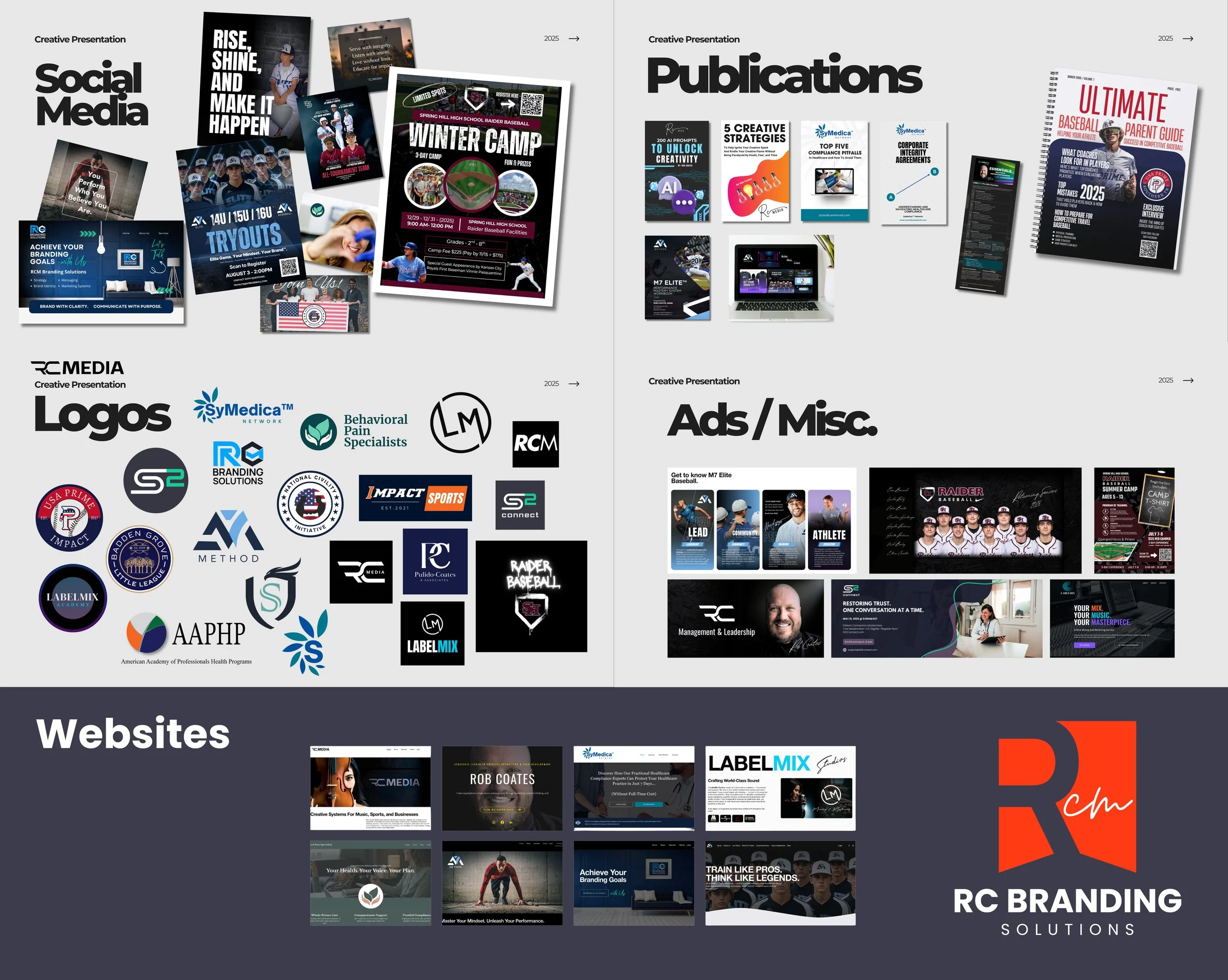 A collage of marketing and branding materials for RC Branding Solutions, including social media graphics, publications, logos, and website thumbnails.