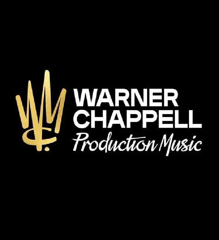 Logo for Warner Chappell Production Music featuring a gold stylized 'W' and 'C' intertwined, with the text 'WARNER CHAPPELL' in bold white letters and 'Production Music' in a cursive white font on a black background.