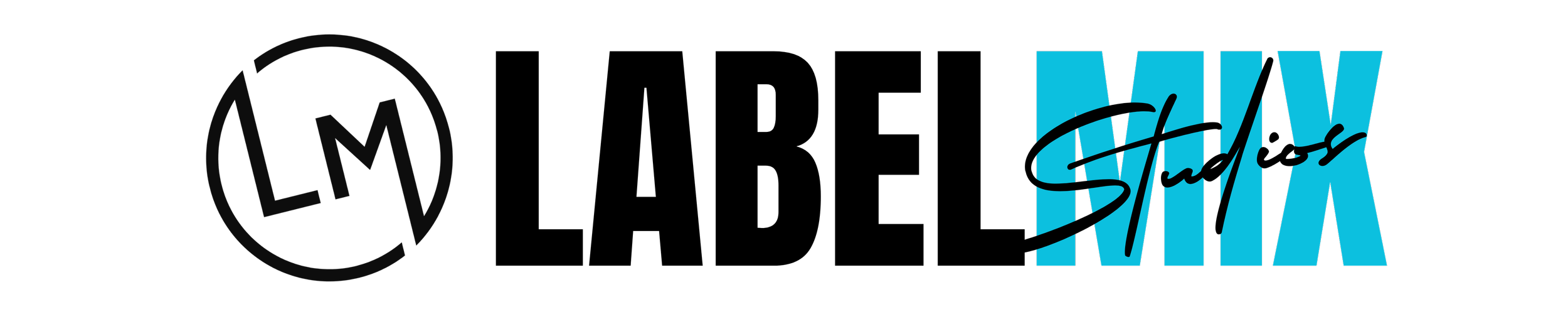 Logo with a black circle containing the white initials 'LM' and the words 'LEARNING MAKES' in black, next to a blue word 'TRAVEL' with black scribbles over it.