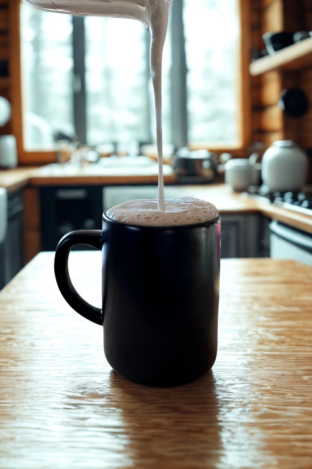 Coffee being poured into a black mug on a wooden table in a cozy kitchen.
