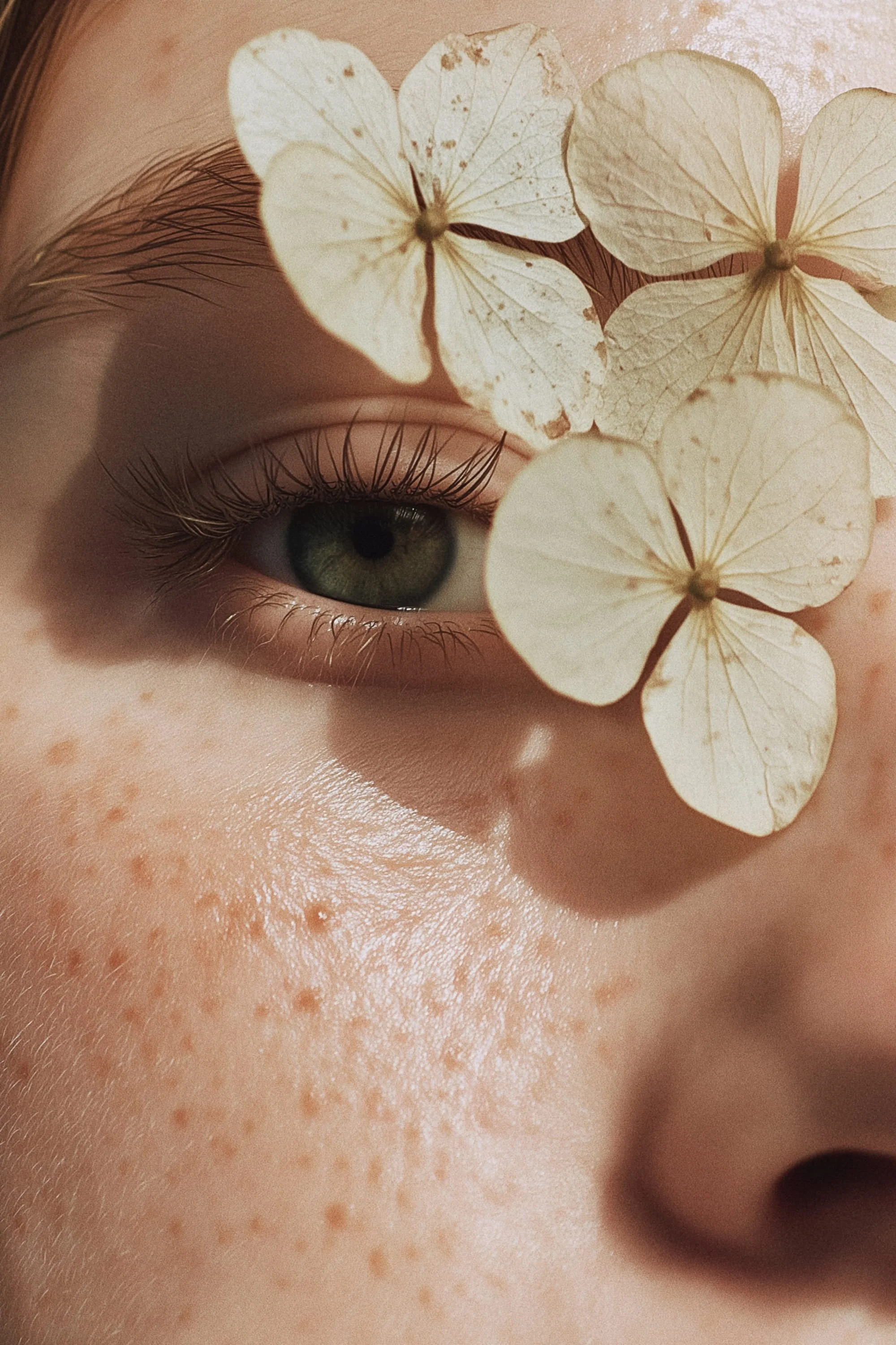 Close-up of a person's face showing their green eye, freckles, and skin texture, with dried hydrangea flowers partially covering the face.