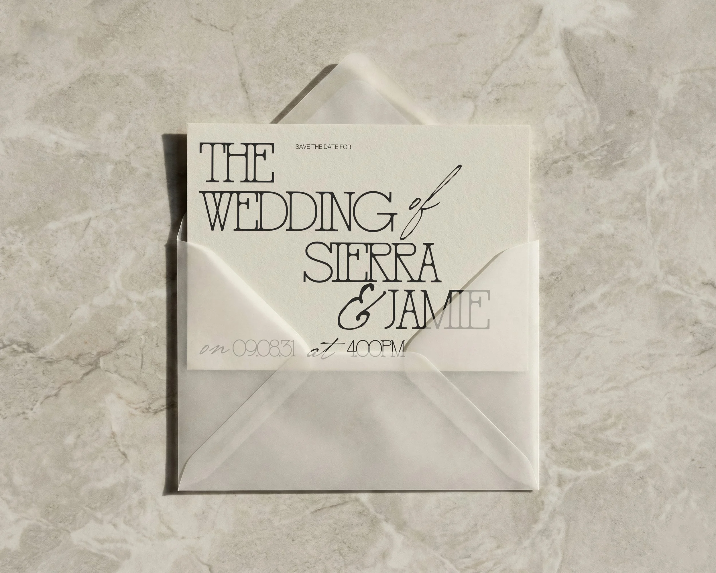 Save the date card for Sierra & James