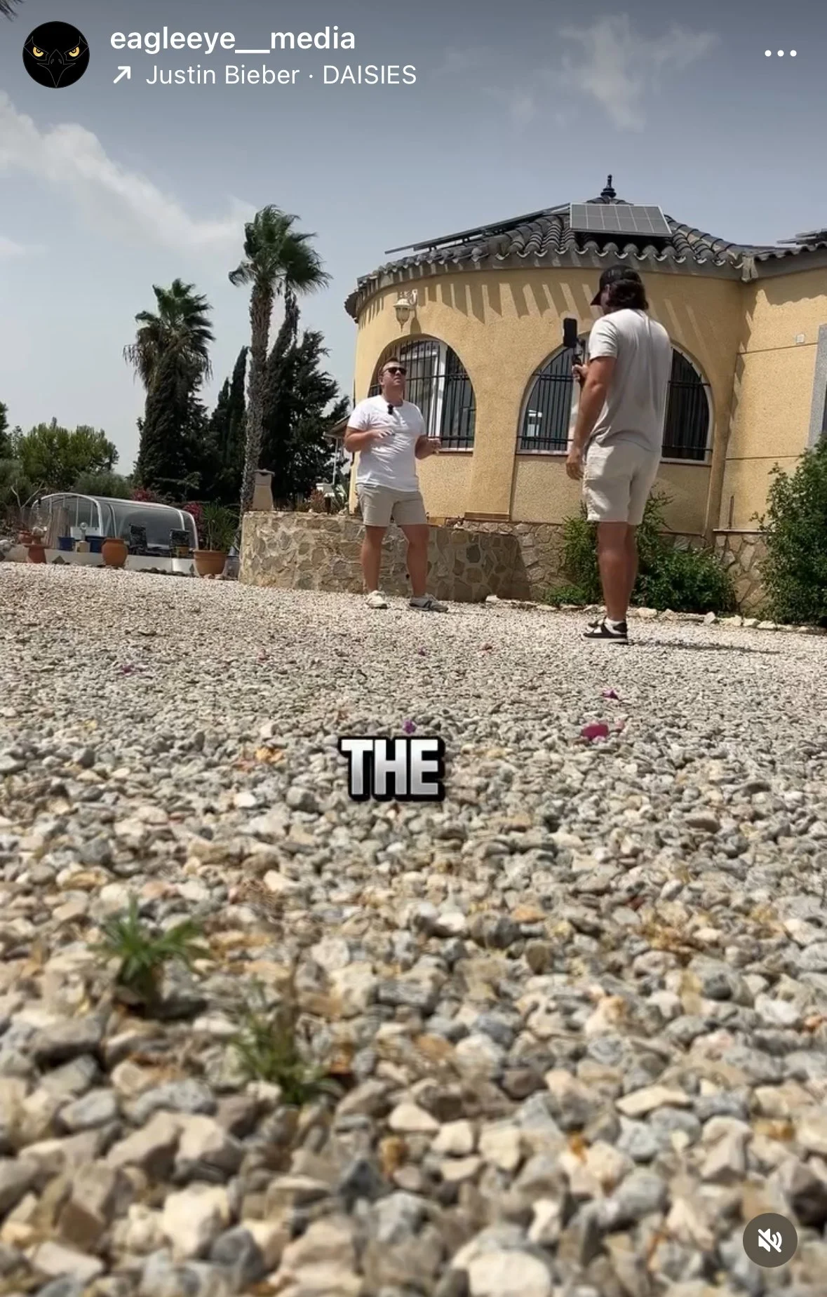 Two people stand outside near a yellow house with a tiled roof, palm trees, and potted plants. One person is holding a microphone, and the other appears to be speaking or gesturing. The ground is covered with small gravel, and there are large text overlays reading 'THE'.