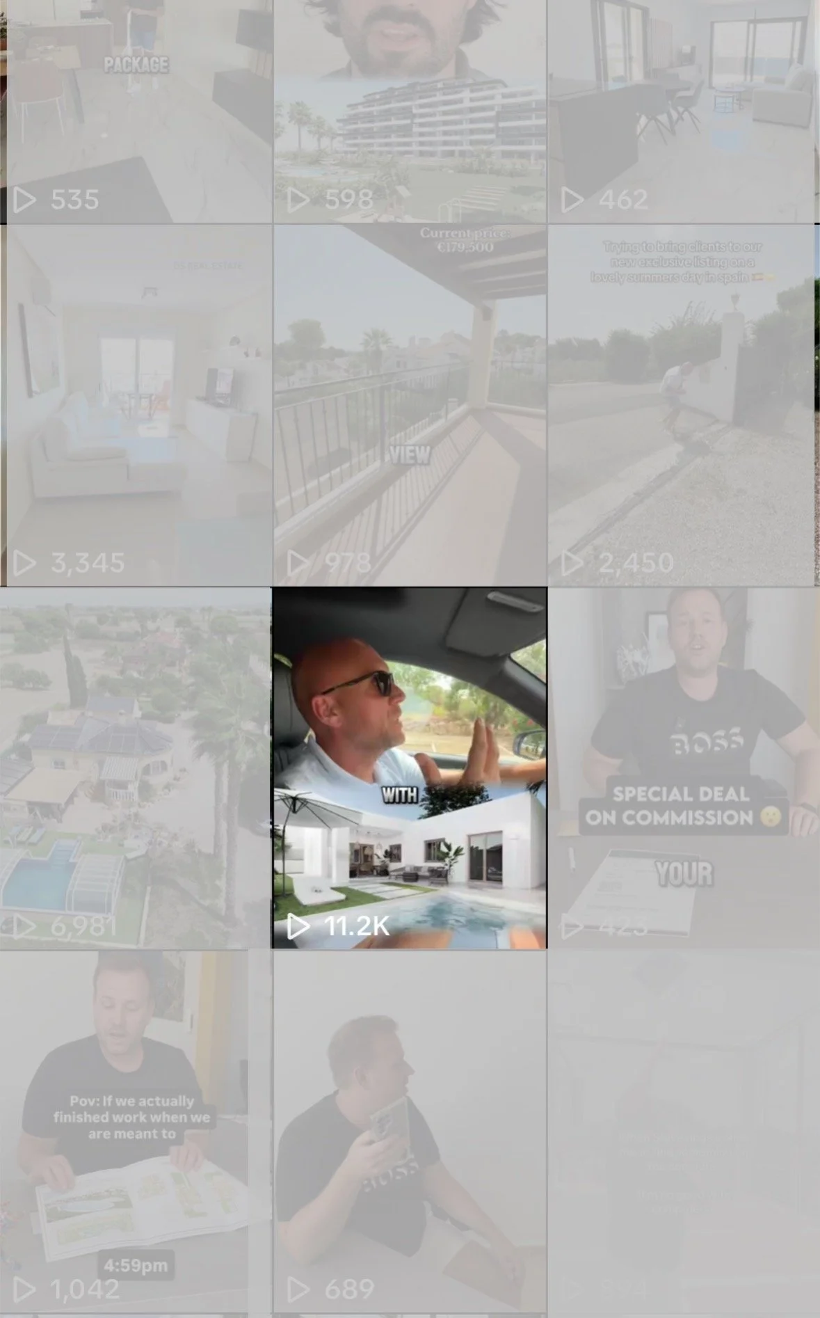 A collage of nine video thumbnails shows various scenes, including real estate properties, a man driving a car, and a man sitting at a table using his phone.