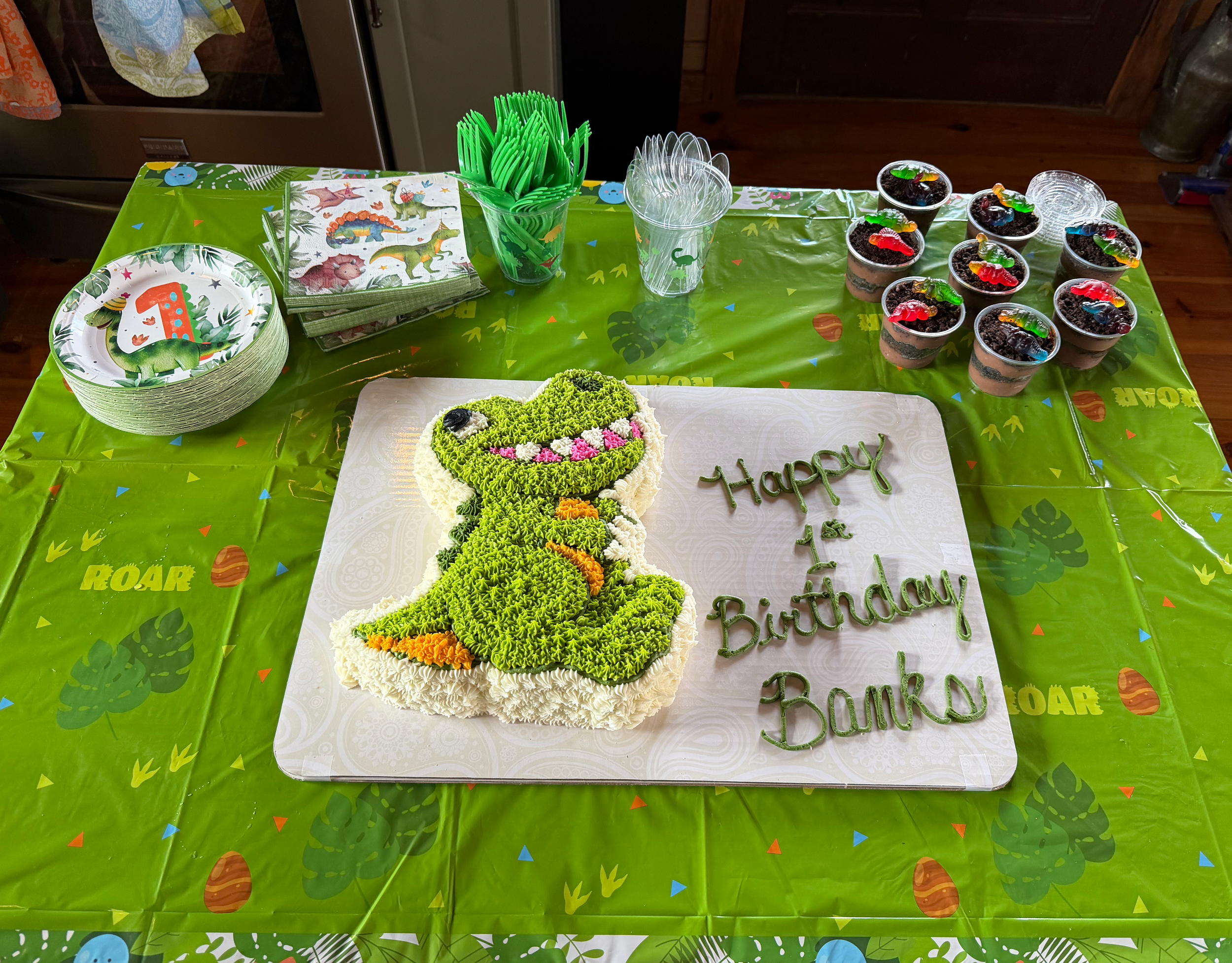 Handmade dinosaur birthday cake for a first birthday celebration at a mountain cabin in Virginia.