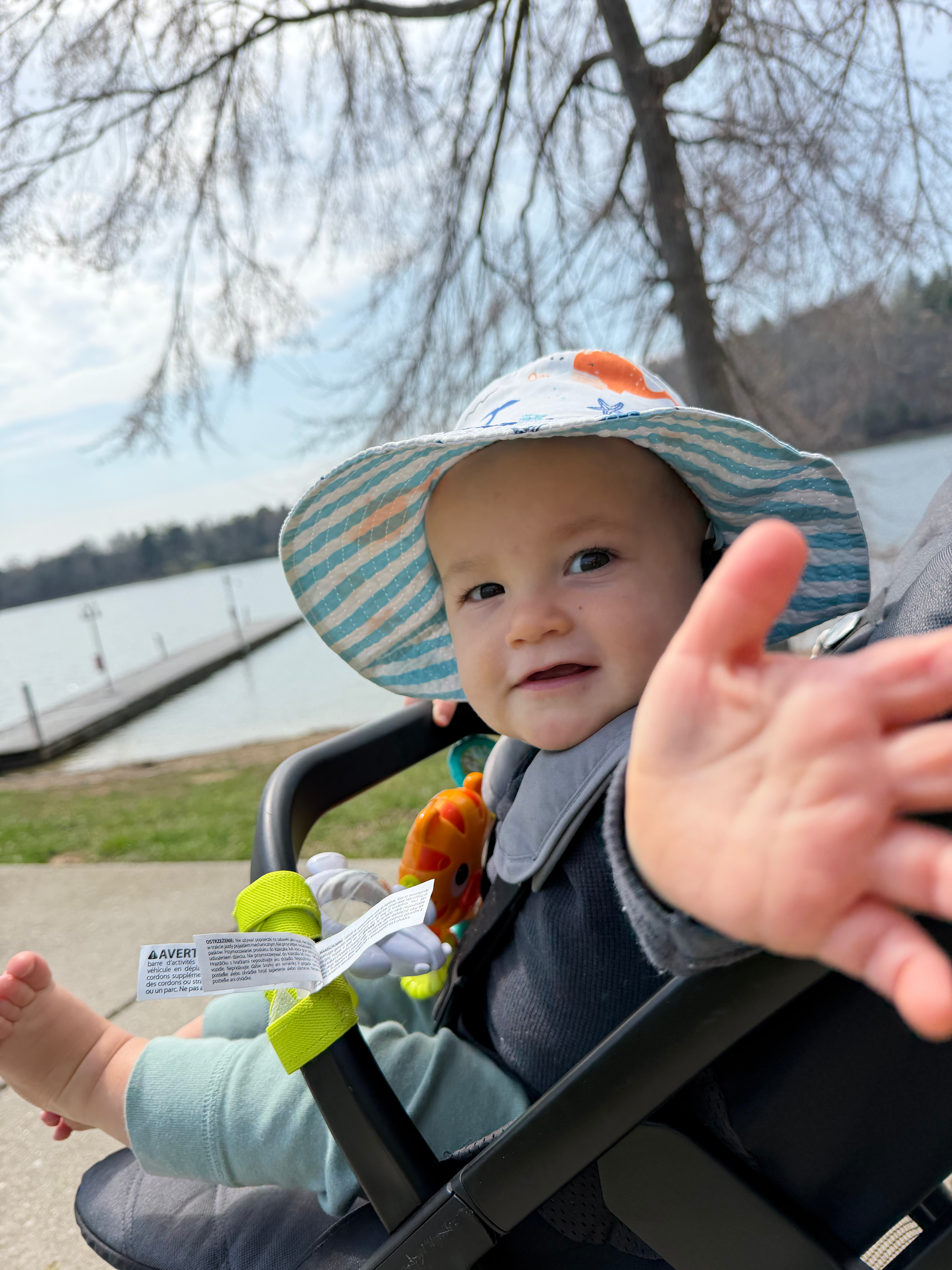 Toddler reaching toward the camera during a spring walk by the lake in Tennessee.