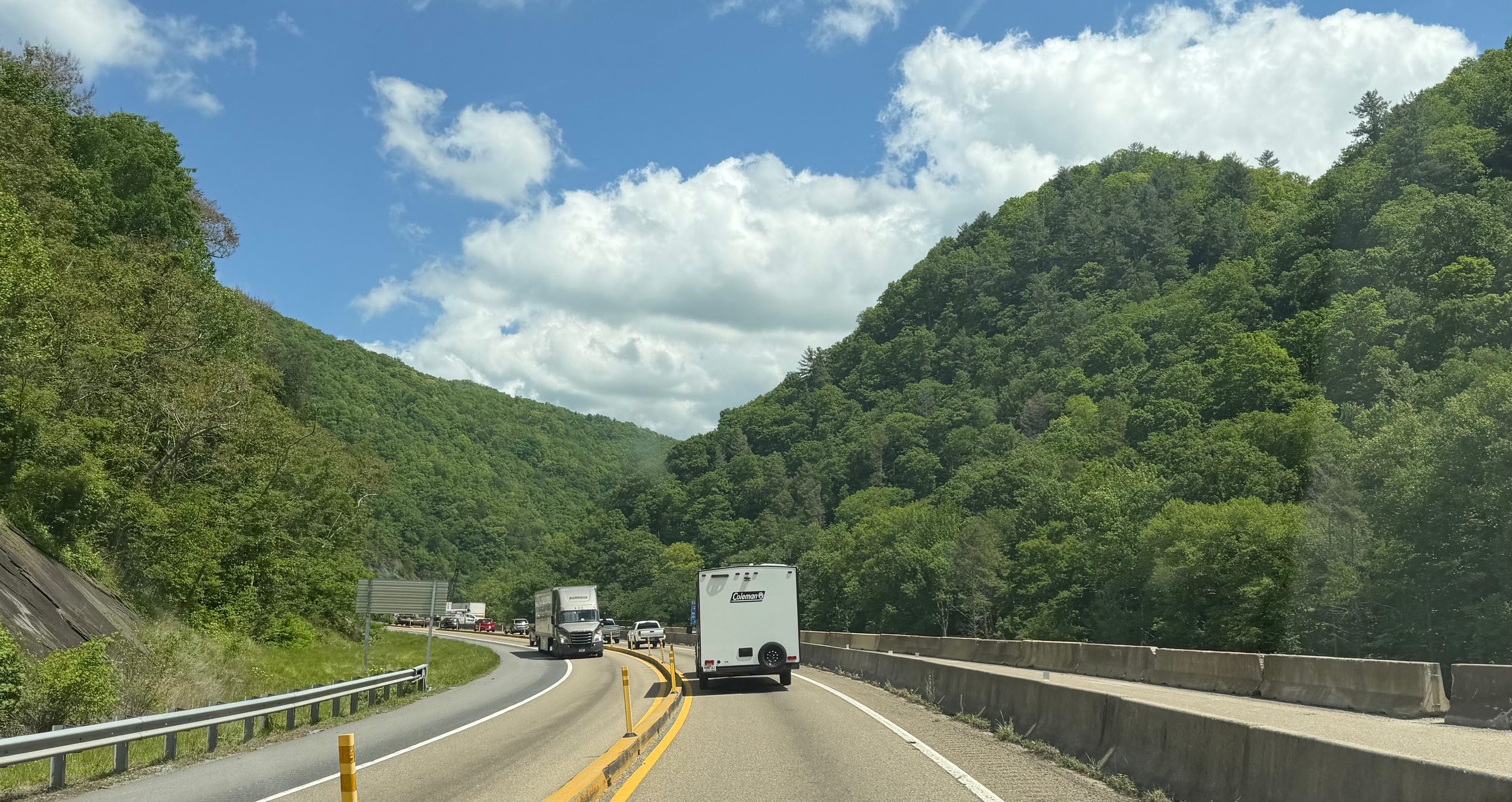 Our travel trailer rolling through the Tennessee mountains as we left the place we'd called home and started driving east.