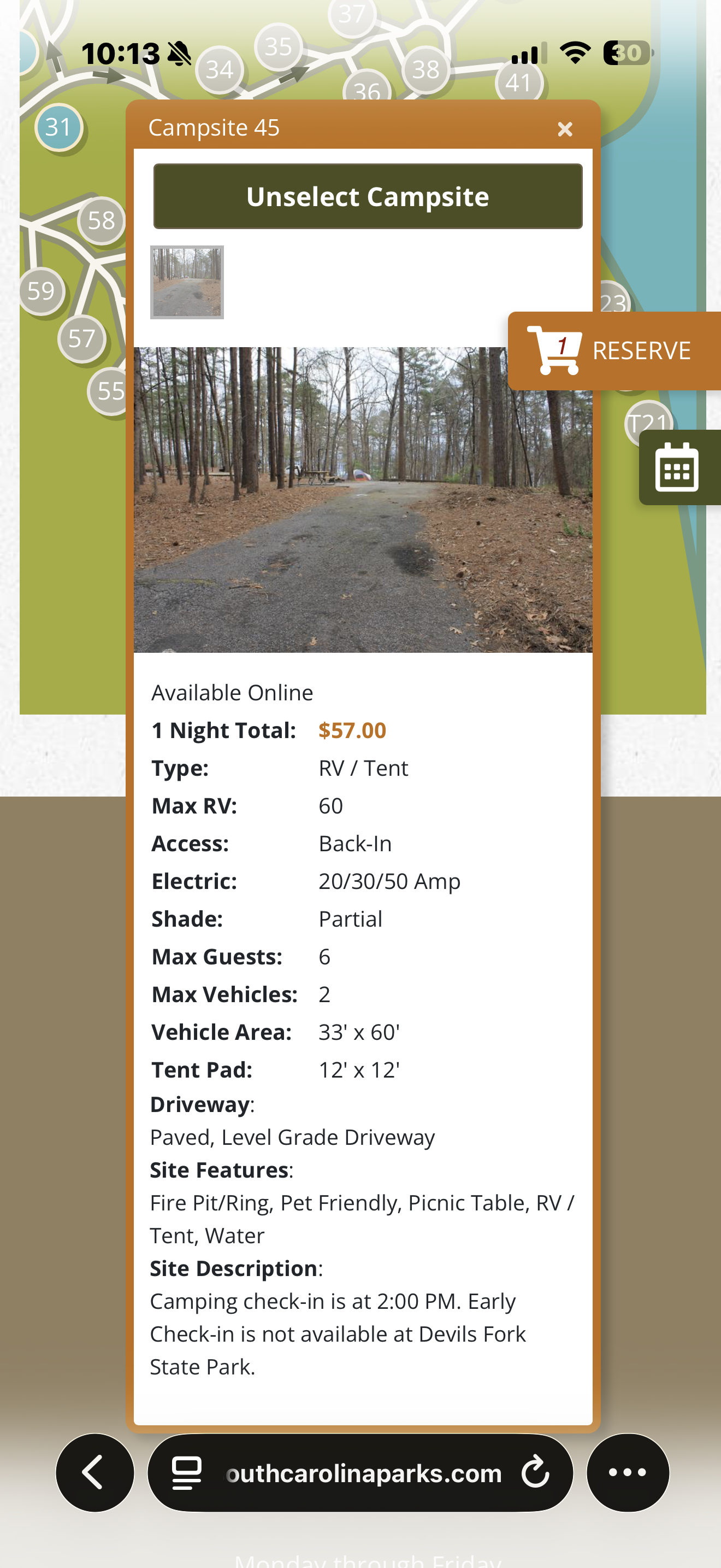 Campground reservation showing one of the last available RV campsites in South Carolina during our unexpected trip east.