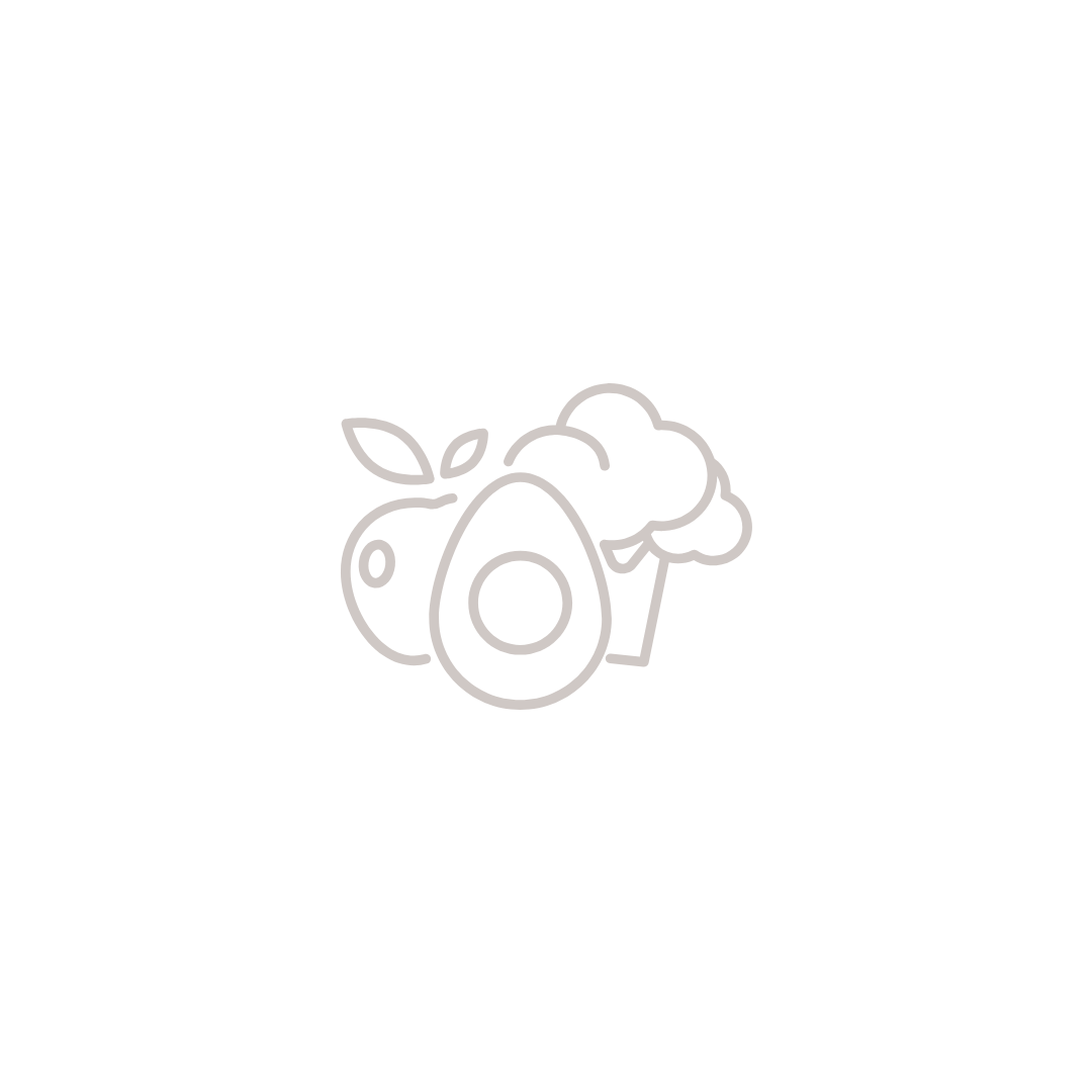 Line drawing of an avocado, apple, broccoli, and carrot on a black background.