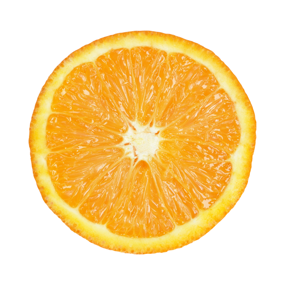 Cross-section of a fresh orange showing bright orange segments and yellow rind.