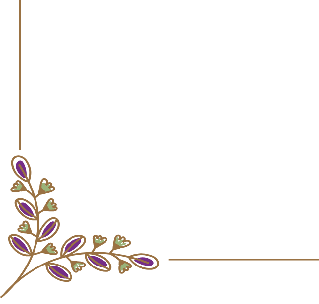 Decorative corner with brown and purple leaves, and small heart-shaped accents on a black background.