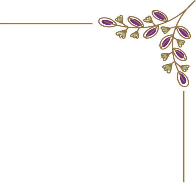 Decorative border with purple and gold leaves and small gold hearts in the top right corner.