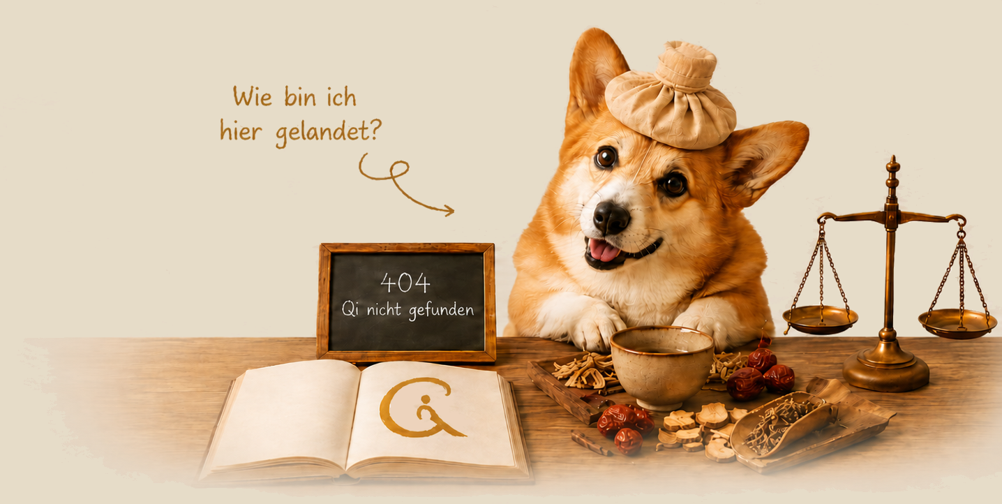 Humorvolle 404-Illustration mit Corgi, Kühlbeutel auf dem Kopf, TCM-Kräutern, Teeschale und Qi-nicht-gefunden-Schild