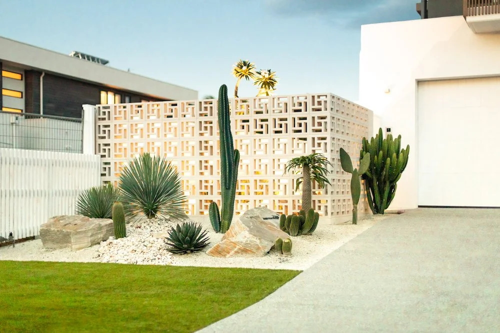 Desert landscape garden with various cacti and succulents, enclosed by a decorative white brick wall, with a modern house and bright sky in the background. Designed by Romain Martens Stump Removal, Landscaping and Paving.