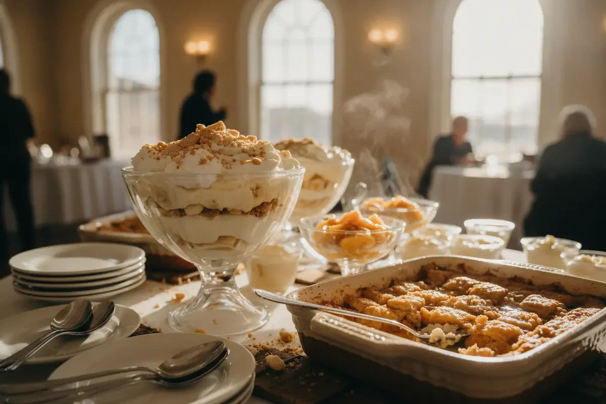Banana pudding and peach cobbler arranged on a Southern dessert table