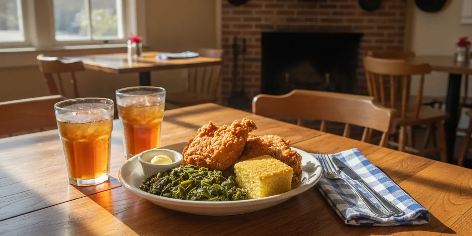 Southern comfort lunch with traditional sides served at a restaurant table