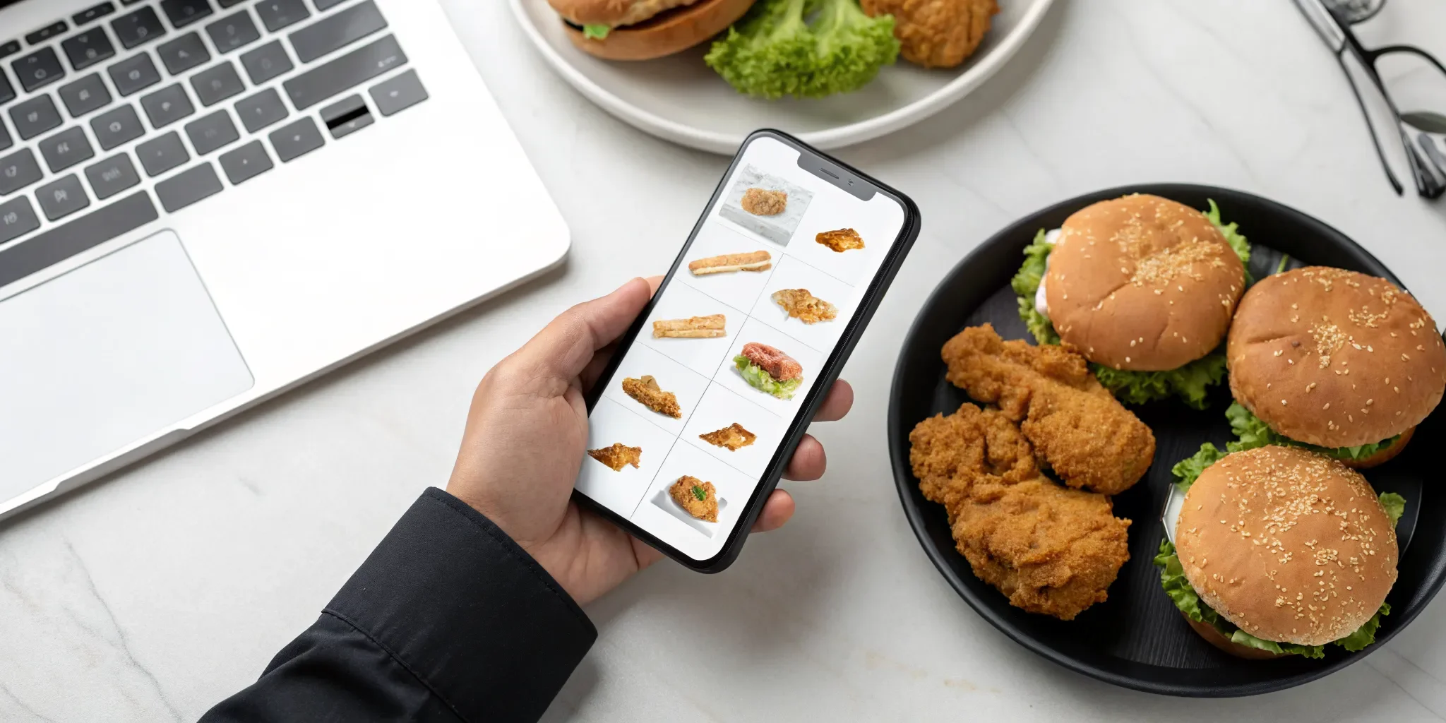 Ordering a fried chicken sandwich online with a smartphone and laptop.