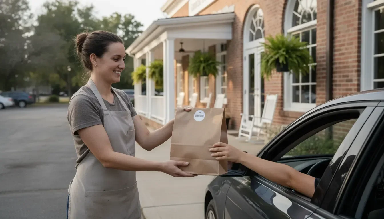 Staff member handing a curbside pickup meal to a customer in Florence, SC
