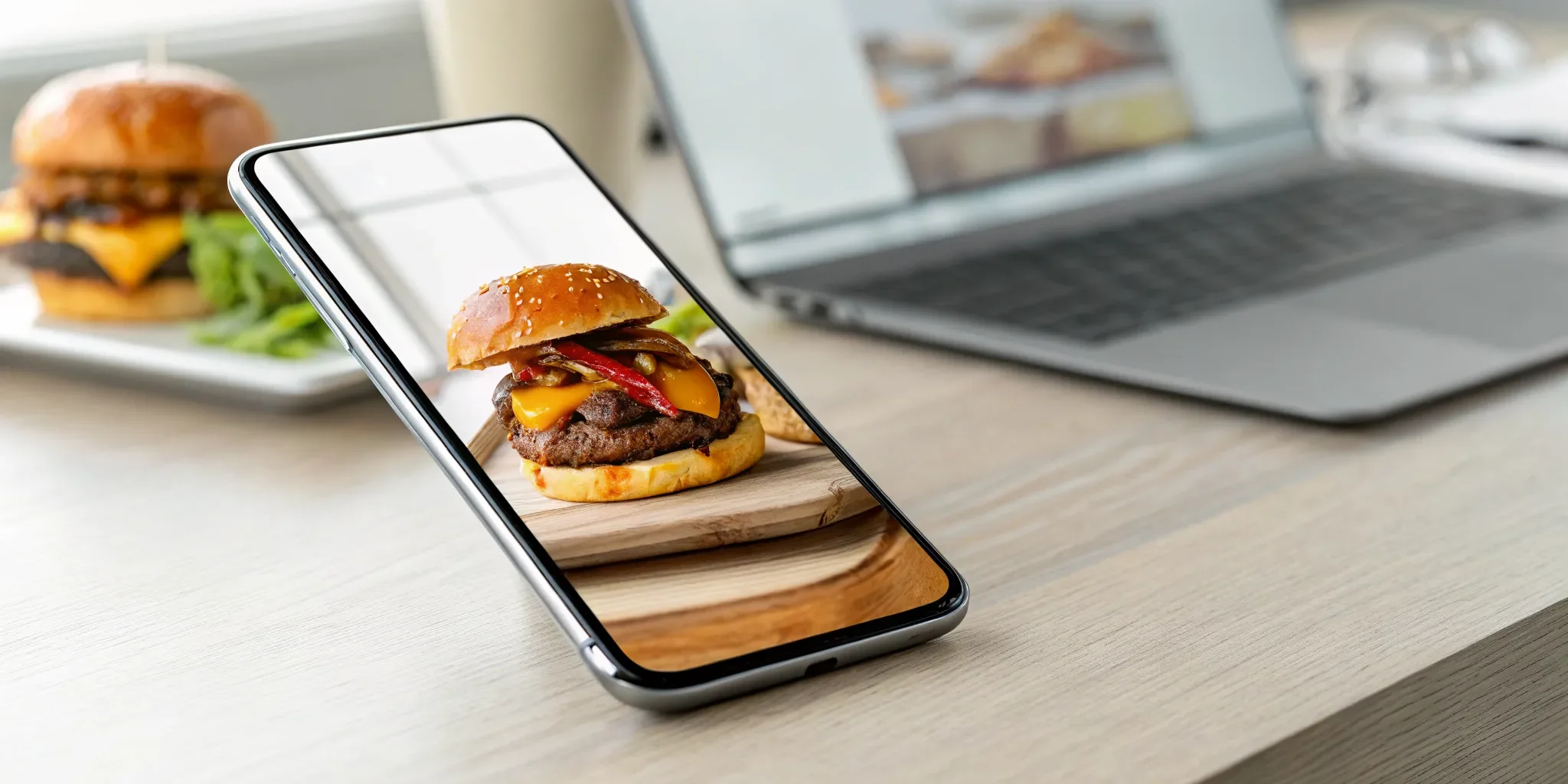 A pimento cheese burger on a smartphone screen for an online order.