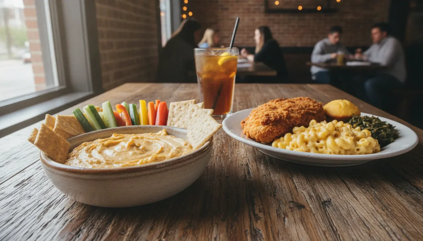 Pimento cheese dip with crackers and fresh vegetables beside a Southern comfort meal