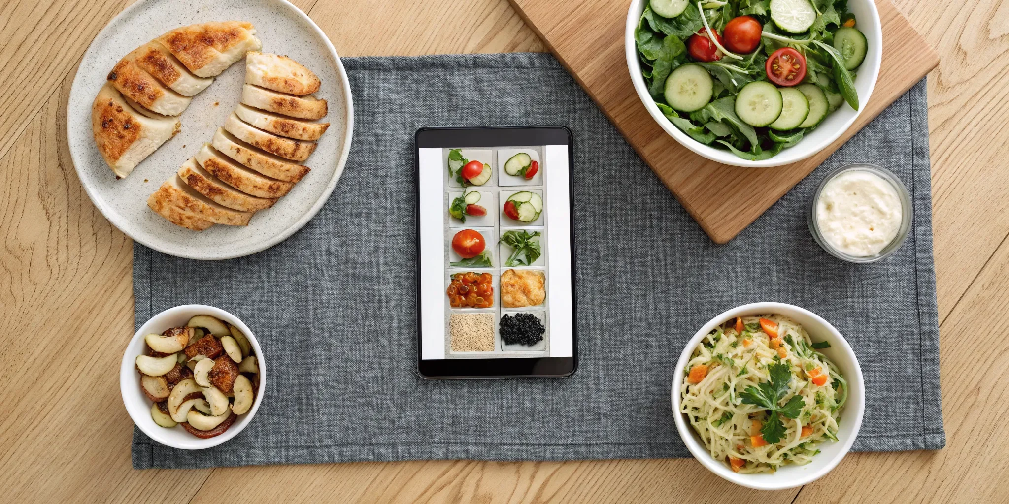 Family style dinner of chicken, pasta, and salad, ordered online with a tablet.