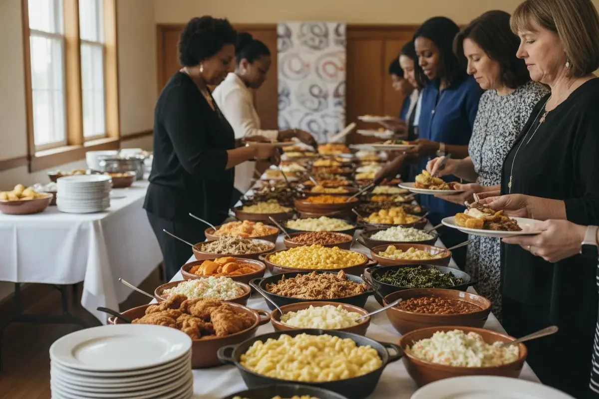 Southern catering buffet arranged for a nonprofit community fundraiser