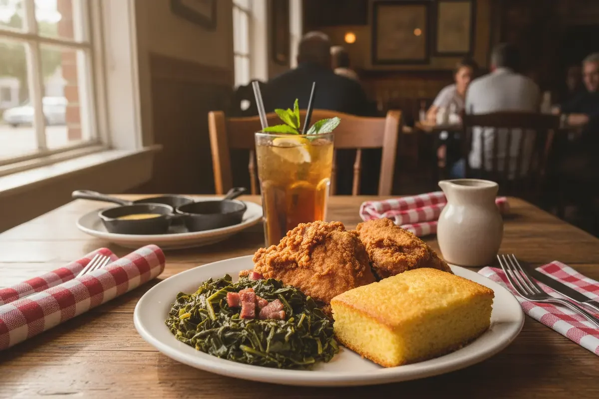 Southern comfort lunch with traditional sides served at a restaurant table