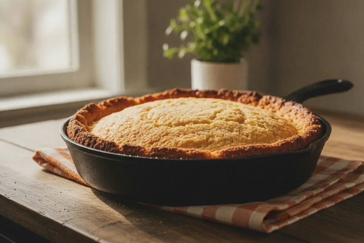 Freshly baked Southern cornbread in a cast-iron skillet on a kitchen table
