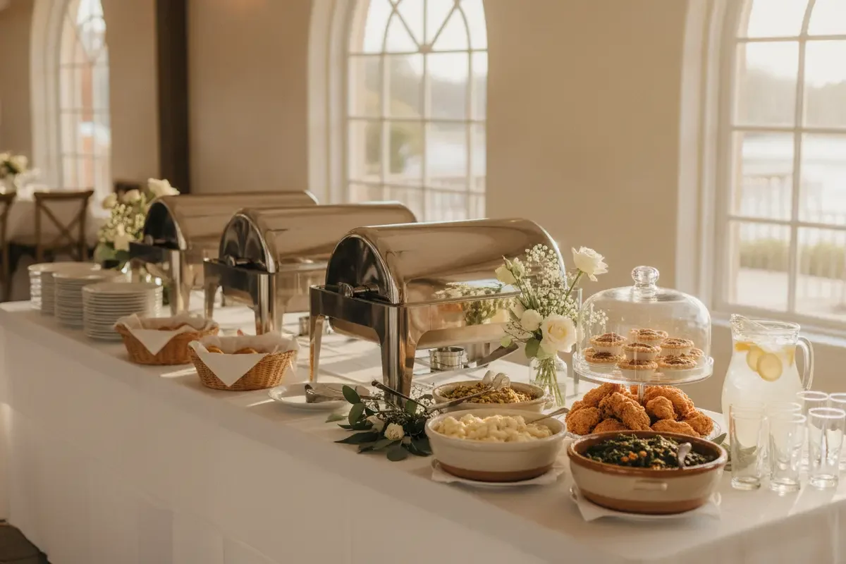 Southern-style catered dishes arranged for a baby or bridal shower in Florence, SC