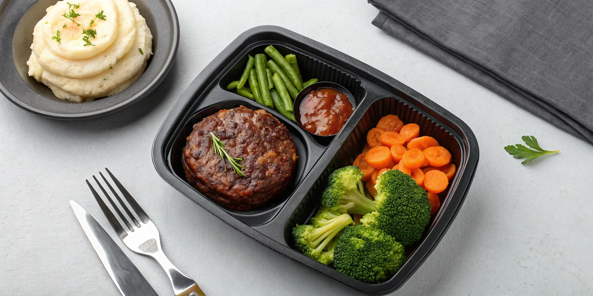 Hamburger steak takeout with gravy, mashed potatoes, and vegetables.