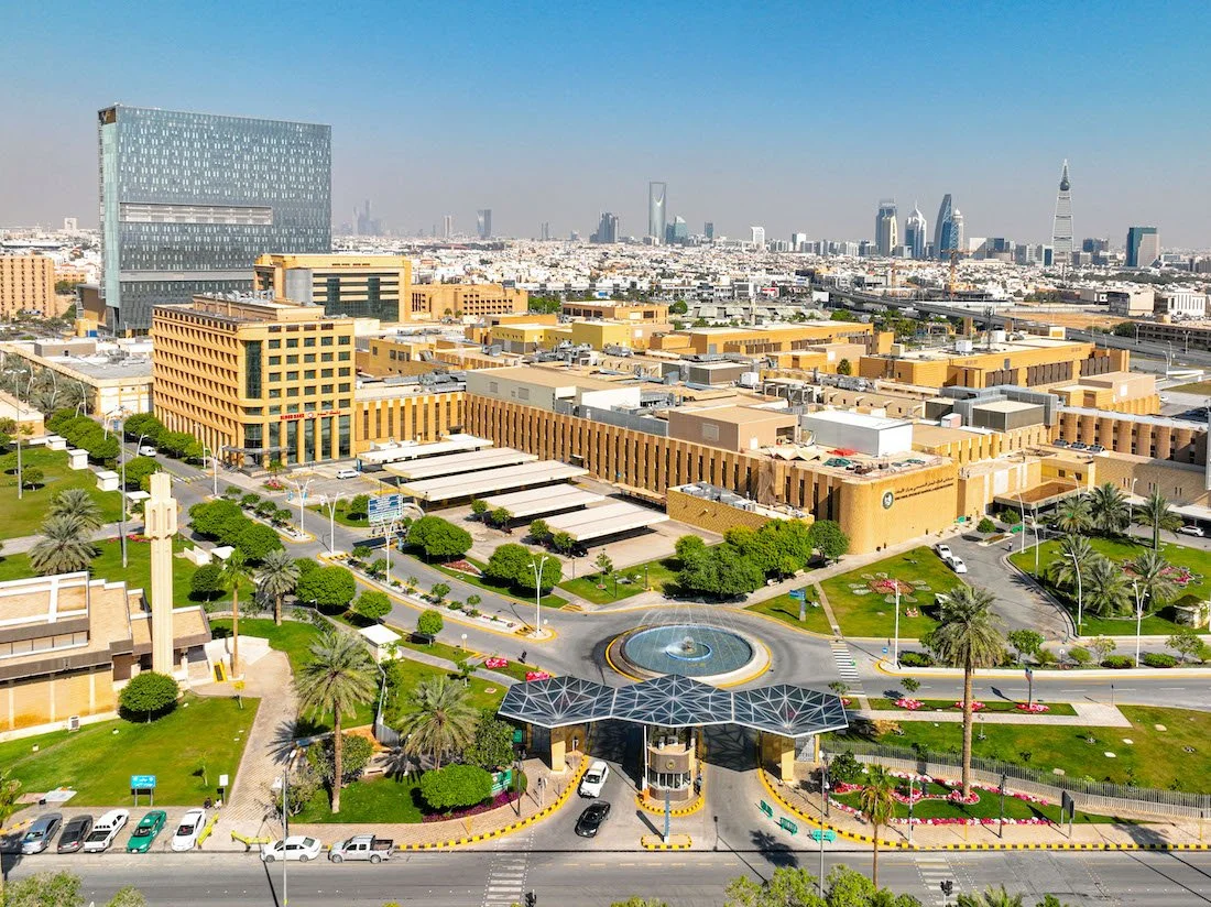 A cityscape view of a modern urban area with tall skyscrapers, landscaped park with palm trees, a fountain, and a curved entry gate.
