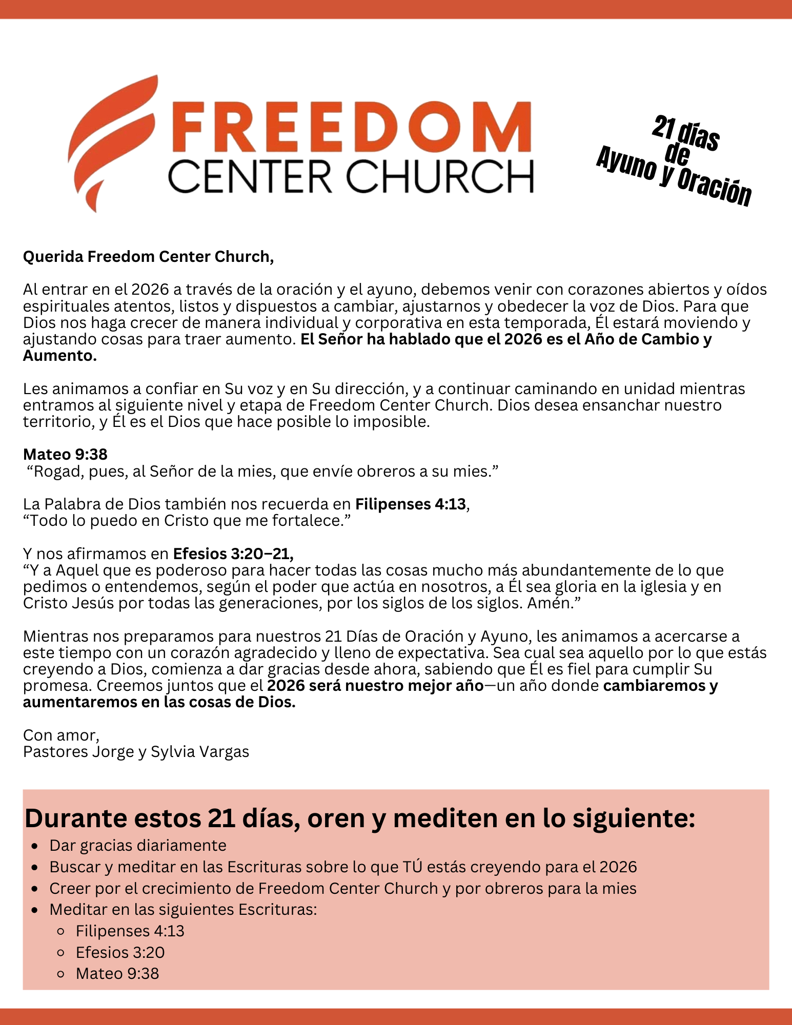 Letter from Pastors Jorge & Sylvia Vargas (in spanish)
