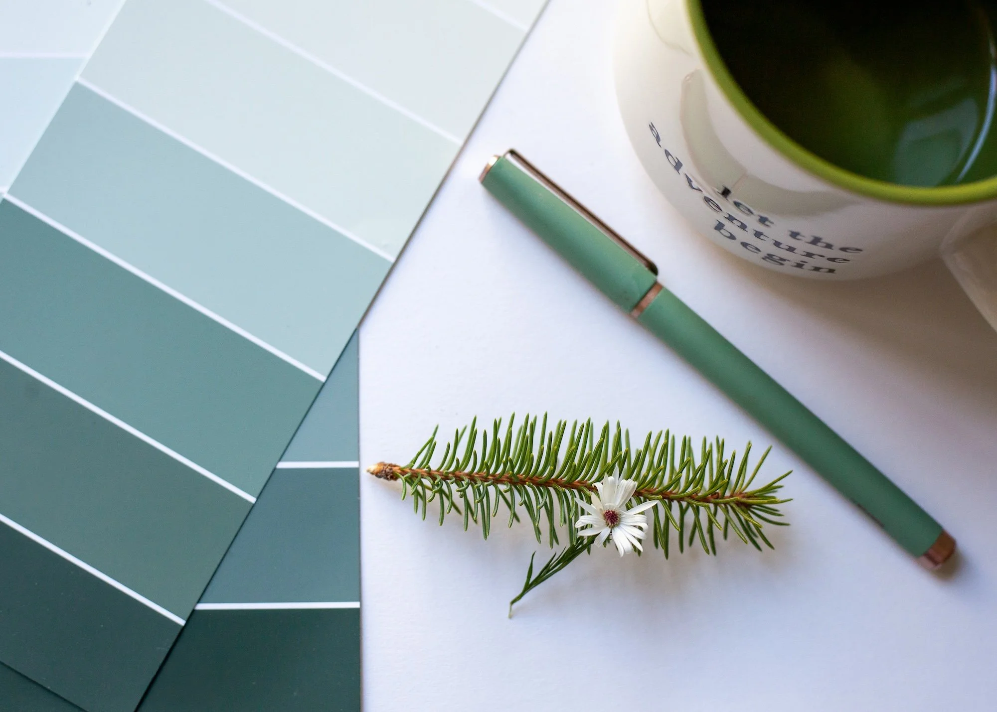 A paint swatch fan deck with shades of blue, a green fountain pen, a white notebook, a mug with text, and a small pine branch with a white flower on a white surface.