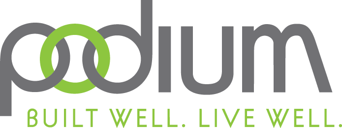 Logo of a company named 'podium' with the slogan 'Built Well. Live Well.' underneath.