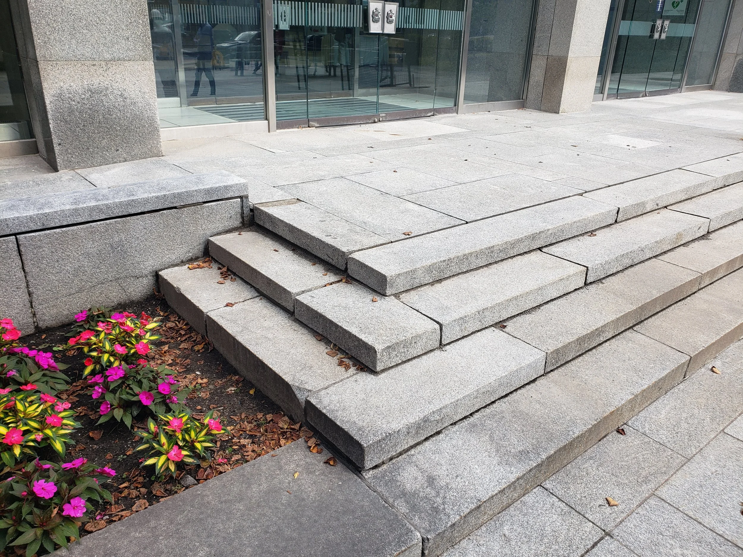 Stone steps leading up to a glass entrance of a building with flowers and plants at the base.