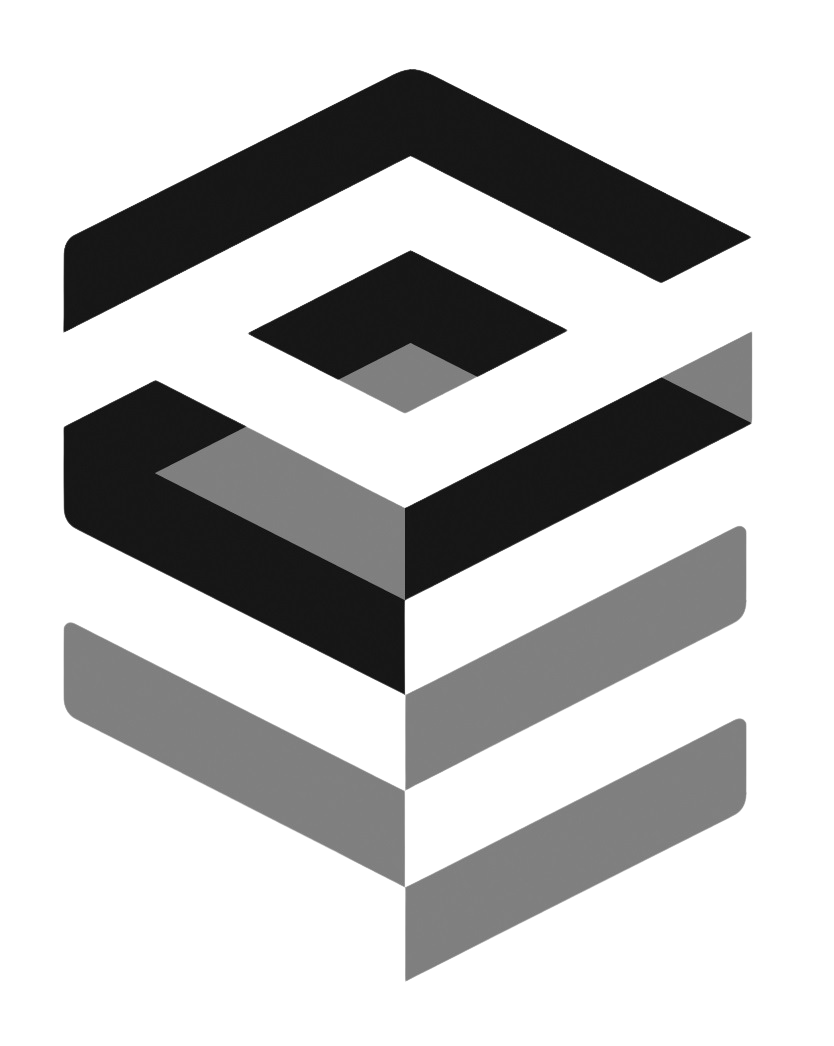 A black and white 3D geometric design with layered rectangular shapes.