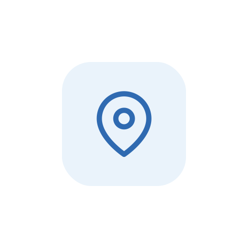 Icon of a location pin on a light blue background.