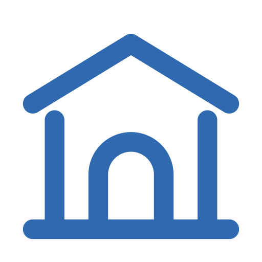 Icon of a house or building with a triangular roof and an arched doorway, in blue.