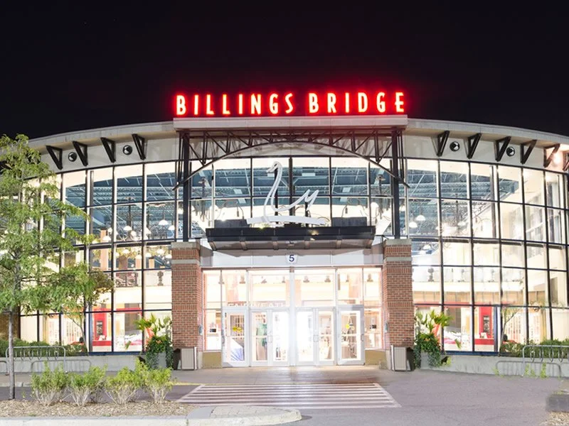 Night view of Billings Bridge shopping mall entrance with glass facade, red neon sign, and swan sculpture above the doors.
