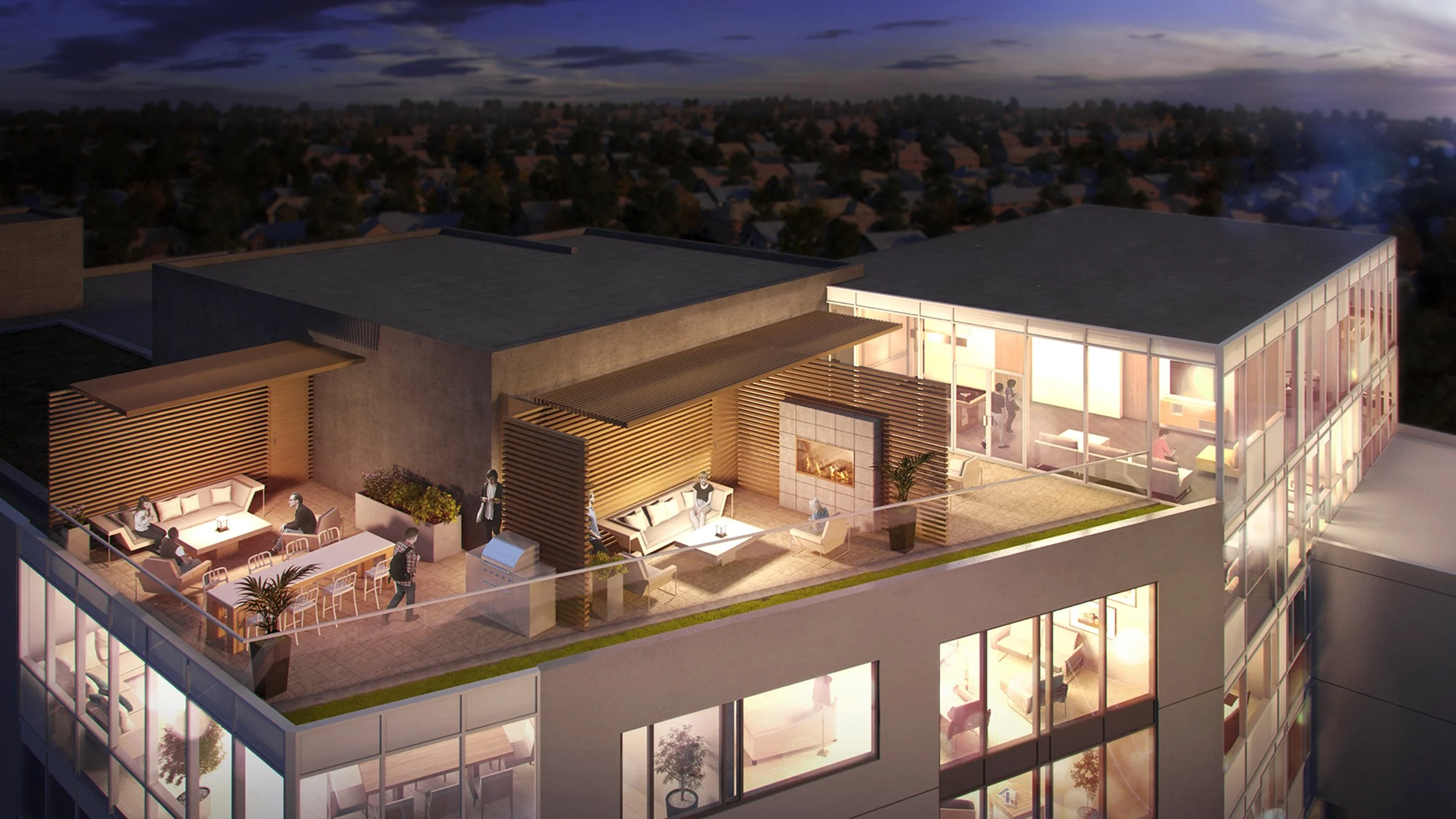Illustration of a rooftop terrace of an apartment building at night, featuring outdoor seating, a dining area, a barbecue grill, and people relaxing and socializing.