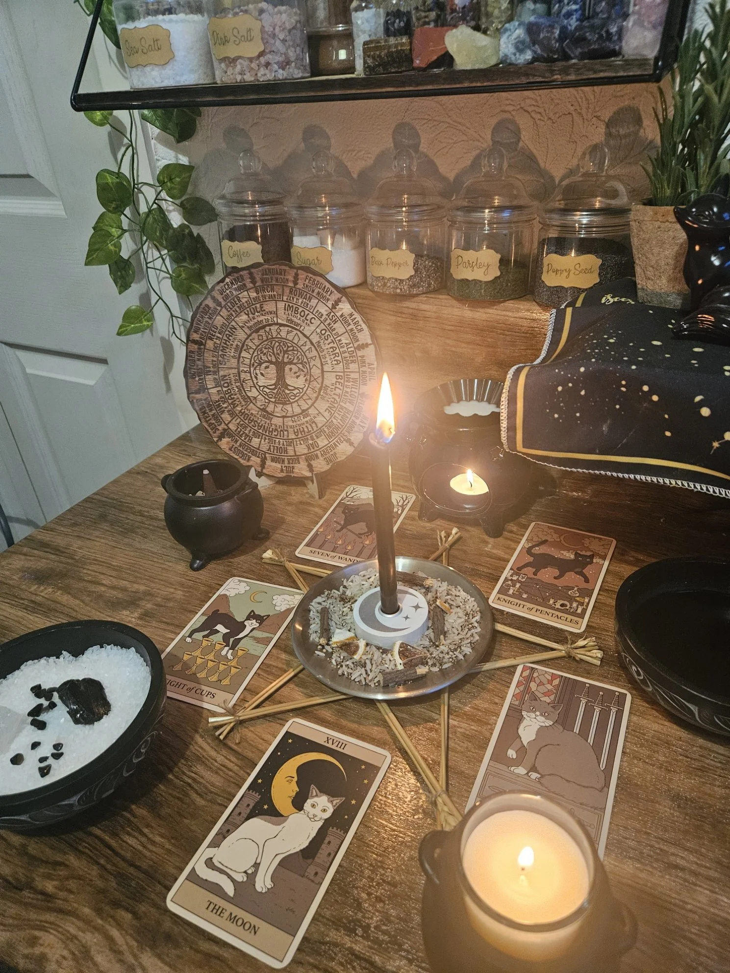 A detailed photo of the ritual setup and spell casting in progress for the Mirror protection, shielding, and defence spell.