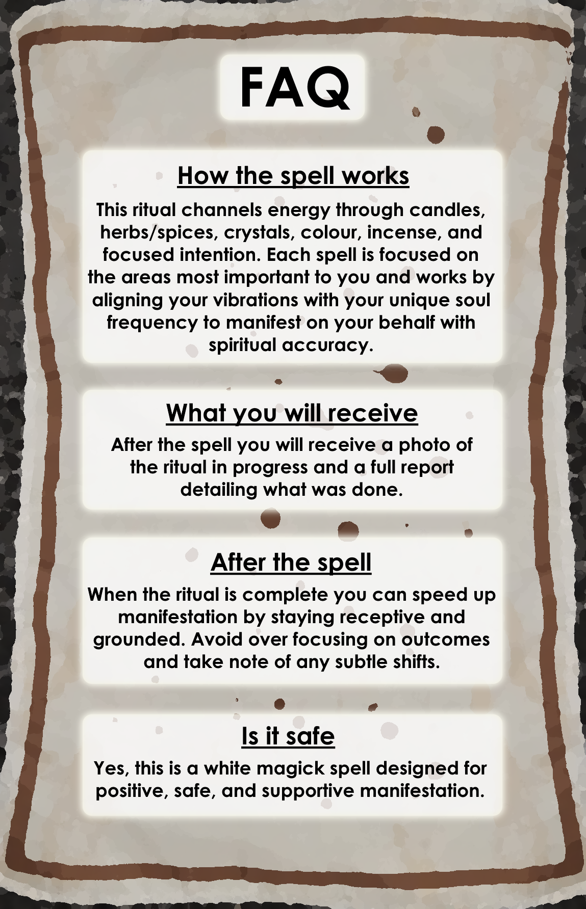 An informational witchcraft shop card from OneSpoonWitch detailing the frequently asked questions about same day spell castings, listing execution timelines, and delivery format expectations.