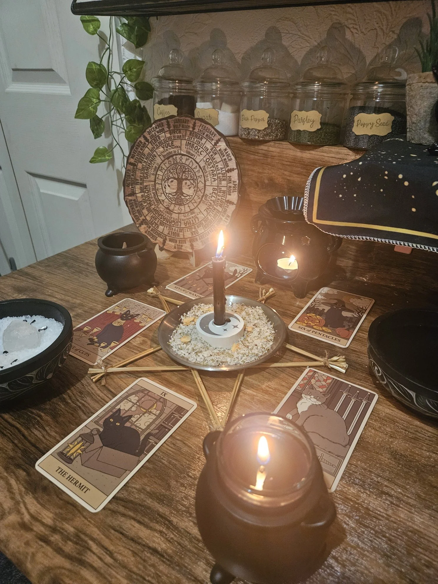A detailed photo of the ritual setup and spell casting in progress for the Emotional Balance grounding and shielding spell.