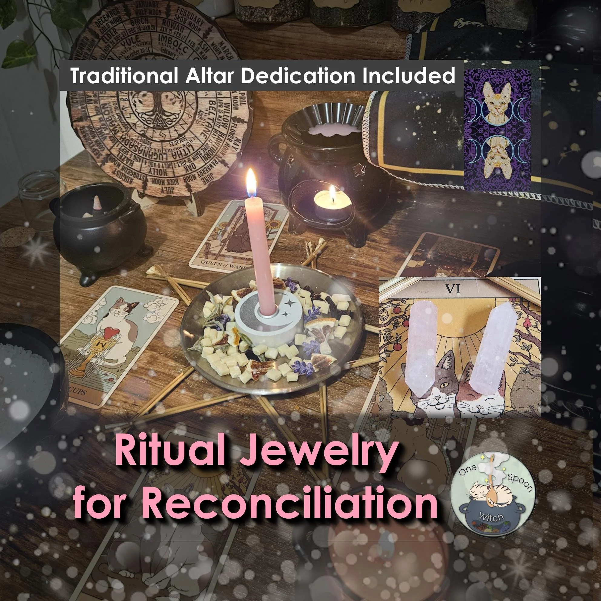 Rose Quartz gemstone pendant talisman on an altar with pink candles and dried petals.