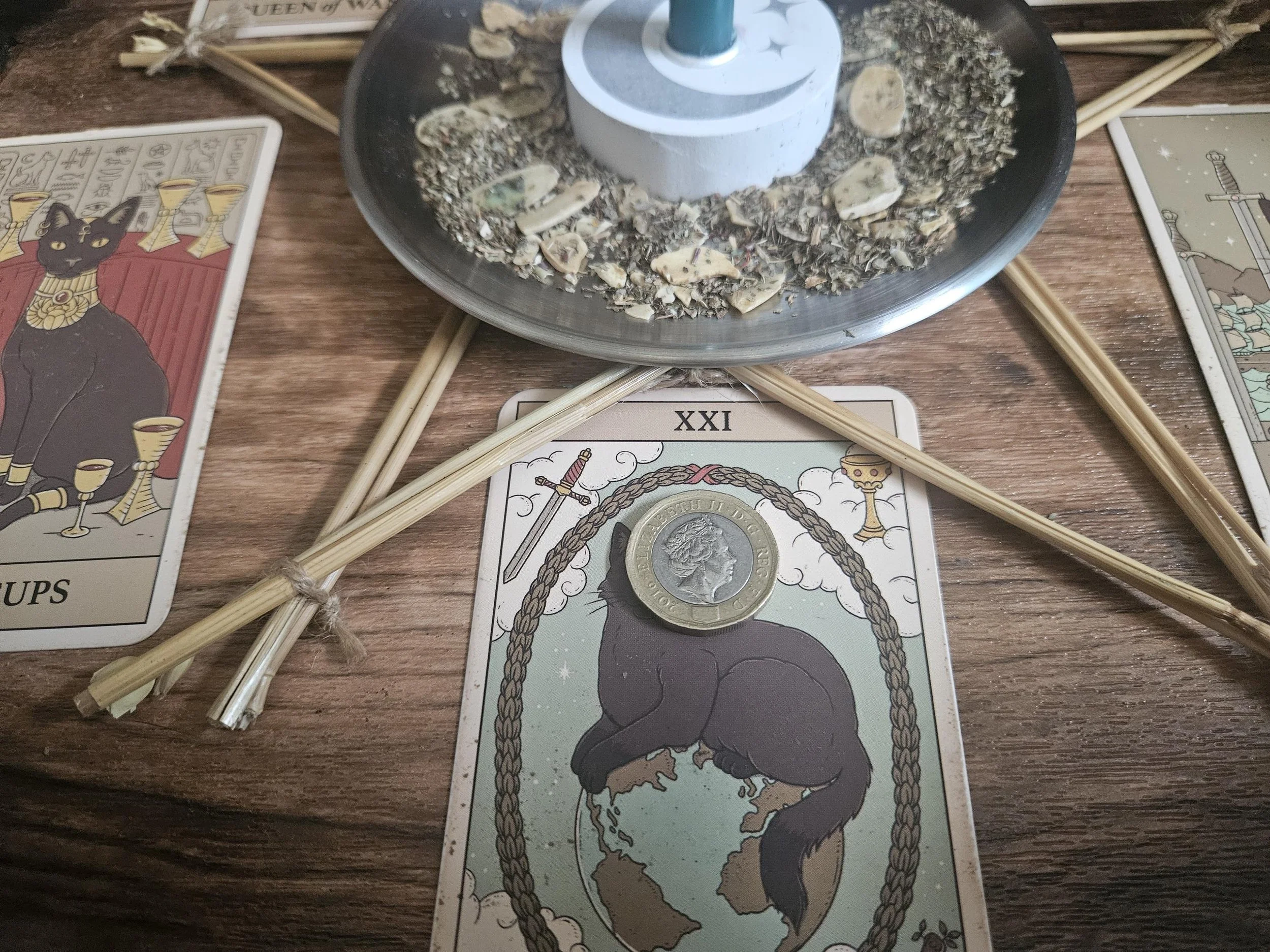 Citrine crystal pendant on an altar with beeswax candles, spices, and burning incense. (Copy)