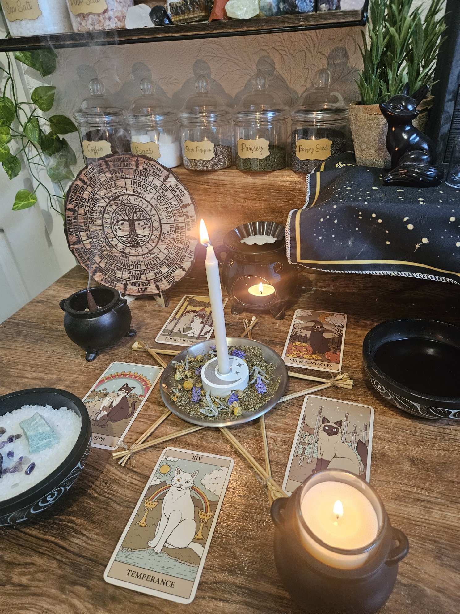 A detailed photo of the ritual setup and spell casting in progress for the Relaxation and Harmony calming and peace spell.