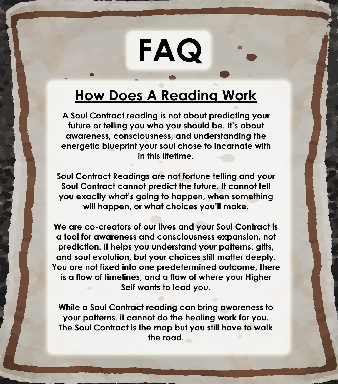Frequently Asked Questions graphic card for the Soul Contract Tarot Reading continuing store policies.
