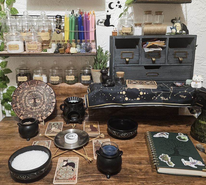 An authentic witchcraft altar setup featuring burning manifestation candles, smoking ritual incense, raw crystals, and botanical herbs used during a same day white magick spell casting.