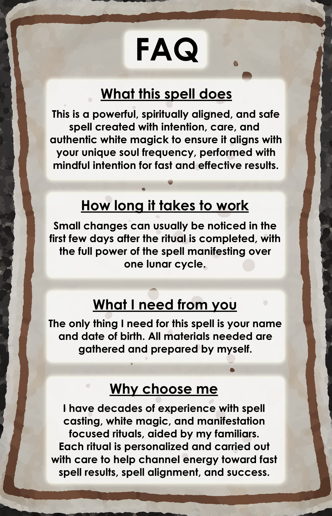 An official shop policy and FAQ card explaining the spiritual alignment process, white magick safety boundaries, and post-casting guidelines for OneSpoonWitch services.